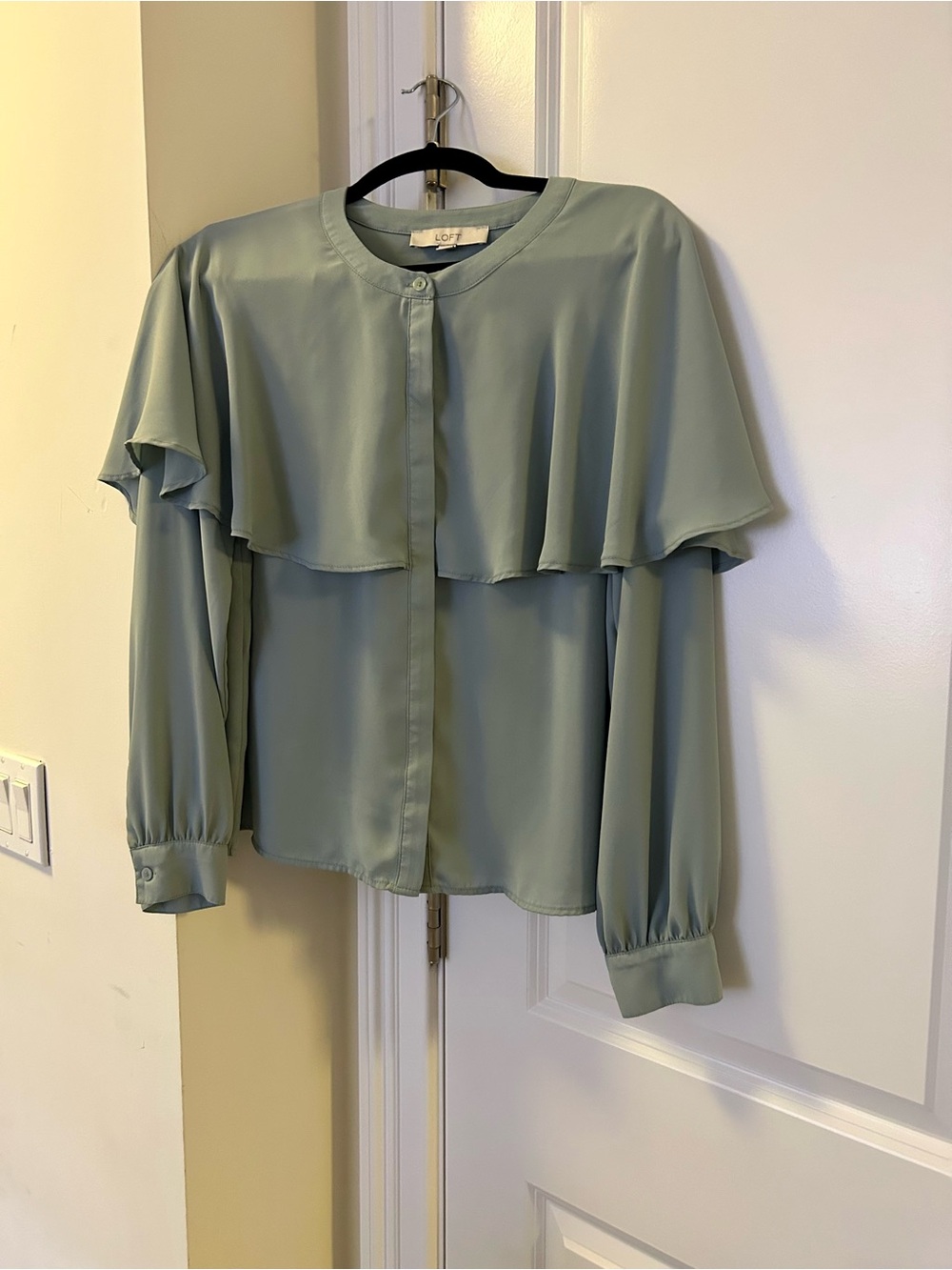 LOFT Sage Green Ruffle Cape Blouse